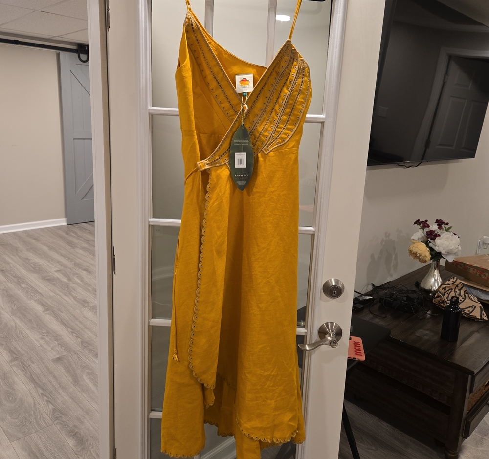 FARM Rio Mustard Yellow Eyelet Strapless Wrap Dress - Picture 8 of 8